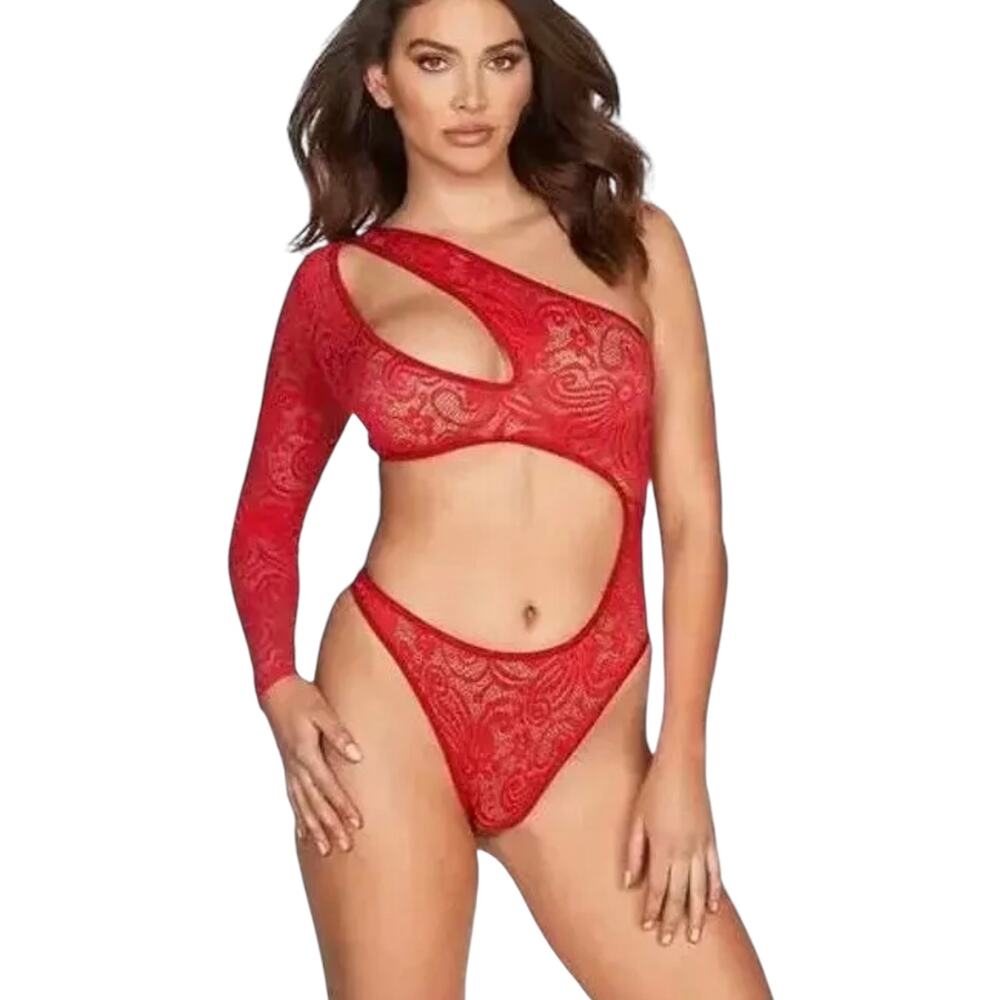 NWT! Frederick's of Hollywood Kerry Red Lace  Asymmetrical Bodysuit L